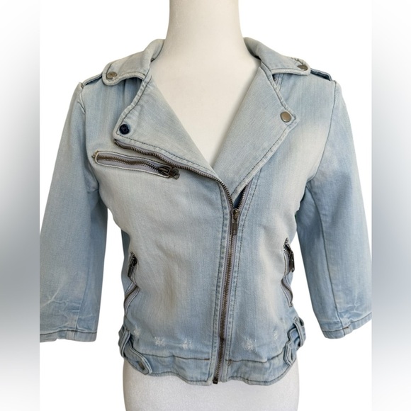 Zara Woman Premium Denim Moto Jacket Cropped Light Wash Biker Distressed M Y2K - Picture 2 of 10